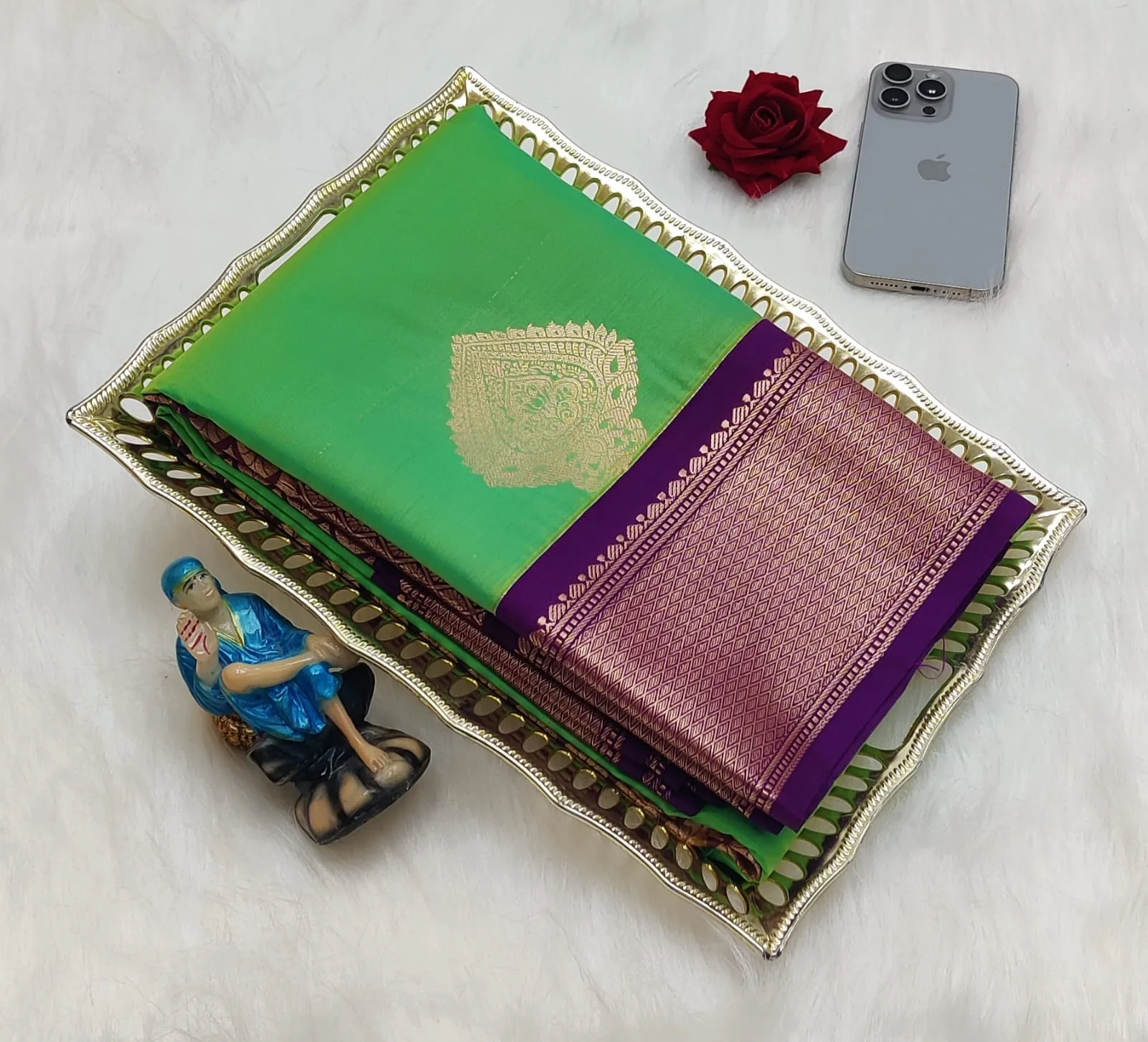 Butta Motif with Purple Contrast Border Korvai Soft Silk Saree